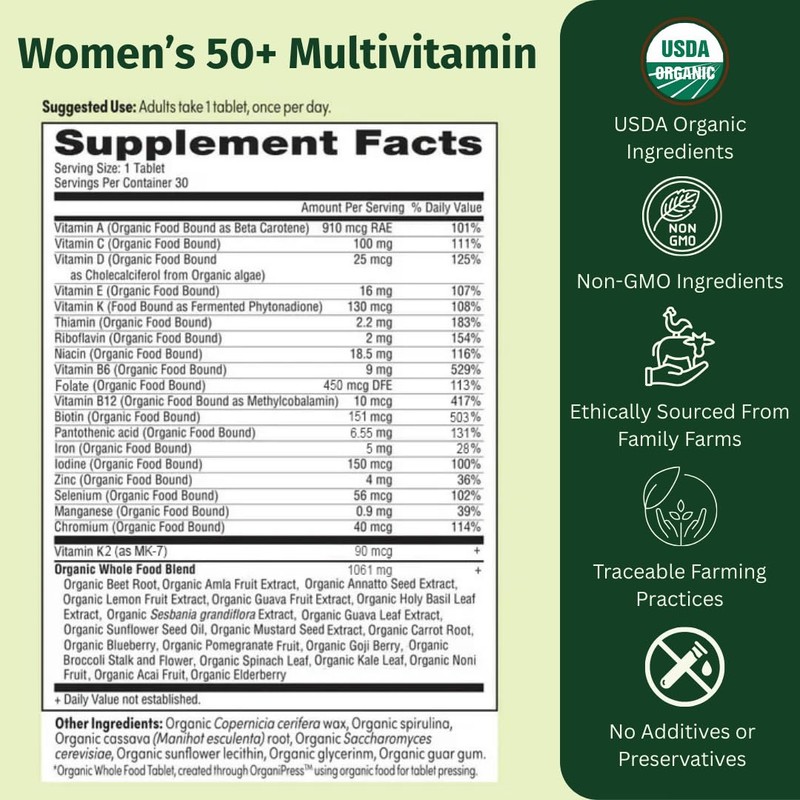 EarthFirst Organic Once Daily Multivitamin for Women 50+, Supports Bone