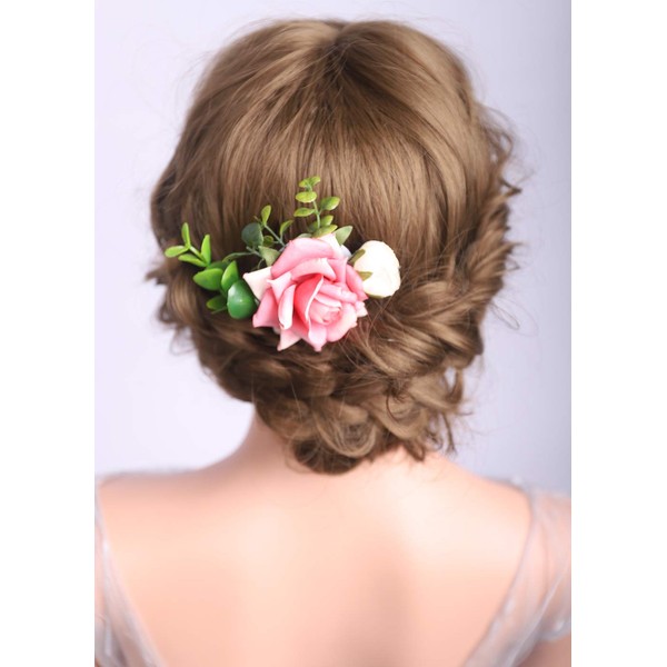 Denifery Pink with white Rose Hair Comb for Wedding, Special Occasions
