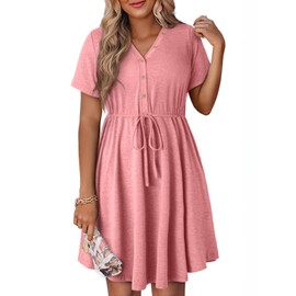 Dokotoo Womens Dresses Spring Summer 2025 Fashion Drawstring Waist Cute Babydoll Tunic Dress Casual Short Sleeve Mini Dress Flowy Sundress Shift Dresses Plus Size Cute Pink Dresses for Women S