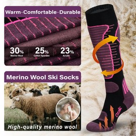 Merino Wool Ski Socks Mens Womens 2 Pairs for Skiing, Snowboarding, Thermal Knee High Winter Warm Sports Performance Socks