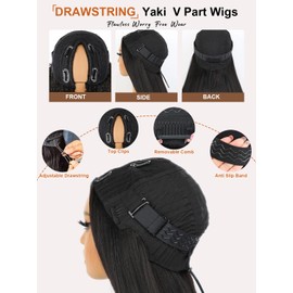 Domiso V Part Wigs Human Hair Yaki Straight Human Hair for Women Upgrade V Part Wigs with Invisi Drawstring No Sew in No Glue 180% Density Natural Color 16 Inch