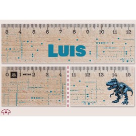 Wooden Ruler 15 cm - Dino Dinosaur - T-Rex Robot with Name - 15 cm - Wood - Wooden Ruler