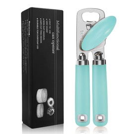 Safring Can Opener Manual, Heavy Duty Stainless Steel Smooth Edge Can Opener With Soft Touch Handle, Oversized Handheld Easy Turn Knob, Multi-Function Bottle Opener, Aqua Sky