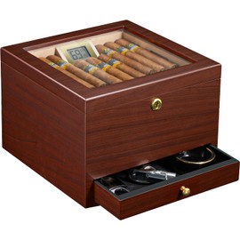 Flauno Cigar Humidor with Lock, Air Circulation System, up to 70 Cigars, Spanish Cedar Wood, Accurate Digital Hygrometer, Drawer, Humidifier, Divider, Gift for Cigar Lovers