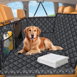 URPOWER Back Seat Extender for Dogs - Hard Bottom Dog Car Seat Cover with 1PC Leak-Proof Pee Pad, Foldable Dog Hammock for Car, SUV, and Truck, Pet Rear Seat Protector Dogs Travel Bed with Mesh Window
