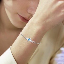 POPLYKE Shark Bracelets Sterling Silver Opal Shark Charm Adjustable Bracelets Ocean Jewellery Birthday Gift for Women Shark Lovers