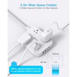 Flat Plug Extension Cord, HANYCONY 5ft Power Strip with 4 USB Ports(2 USB C), 4 Widely Outlets Extender, Wall Mount, Desk Charging Station for Office School Travel Dorm Room Essentials, ETL Listed