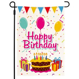 QWETRY Happy Birthday Garden Flag Double Sided, Small Vertical Premium Burlap Rustic Welcome Birthday Yard Flag for Farmhouse Outside Outdoor Flags 12 x 18 Prime Birthday Party Celebration Banner