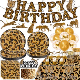 cocomigo 203 Pcs Cheetah Birthday Decorations Tableware Set, Cheetah Print Supplies Include Banner, Plates, Balloons and Tablecloth Etc, for Leopard Birthday Decorations Serves 25 Guests