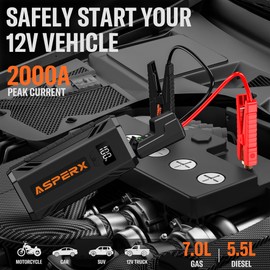 ASPERX Car Jump Starter, 2000A Peak Battery Jump Starter for Up to 7.0L Gas or 5.5L Diesel Engine, 12V Portable Battery Starter Power Pack with 1.4 INCH LCD Display