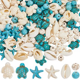 SUNNYCLUE 1 Box 200pcs Summer Bead Kit Stone Turtle Beads Synthetic Magnesite Howlite Sea Marine Animal Hawaii Lucky Starfish Shell Round Loose Spacers for Jewellery Making Kits Bracelet Necklaces DIY