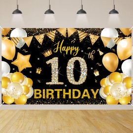 10th Birthday Party Decoration, BTZO 10th Birthday Banner Black Gold, Extra Large Fabric Background 10th Party Birthday Decoration Woman Man