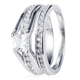 JUDE 925 Sterling Silver Princess Cut Wedding Engagement Bridal Ring Set (J)