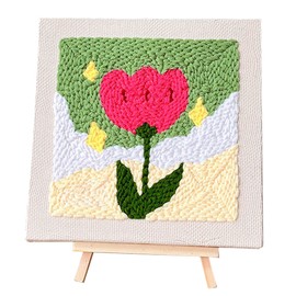 Allazone Punch Needle Starter Kit, Punch Needle Embroidery Kit Frame, Square Punch Needle Fabric with Flower Pattern, Hoop, Yarns, Punch Needle (Green and Pink Tulip)