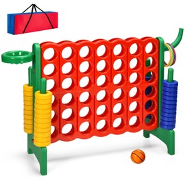 KOTEK Giant 4-in-a-Row Game, Jumbo 4-to-Score Family Game w/Quick-Release Sliders, 42 Rings, Ring Toss & Basketball Hoop, Connect Yard Game Outdoor for Kids & Adults (with Carrying Bag, Green)
