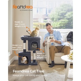 Feandrea Cat Tree, 29.1-Inch Cat Tower, Plush Condo for Medium Cats up to 11 lb, Large Perch, 2 Caves, Scratching Post, Smoky Gray UPCT612G01