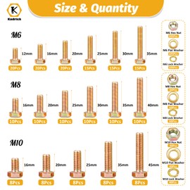 Kadrick 820Pcs Grade 8.8 Metric Bolt Assortment, M6 M8 M10 Hex Heavy Duty Bolts and Nuts Kit,M6 x1.0 M8 x1.25 M10-1.5 (12mm to 45mm),Yellow Zinc Plated