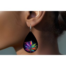 Twisted R Design Earrings, Neon Weed Print Wood Dangle Teardrop Print Earrings Jewelry