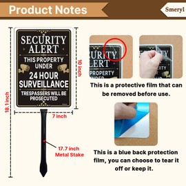 Smeryl Security Alert This Property Under 24 Hour Surveillance Trespassers Will Be Prosecuted Sign with 17.7" Stake for Yard, 10” x 7” 24 Hour Surveillance Sign, Rust-Free Aluminum, Weatherproof, Easy