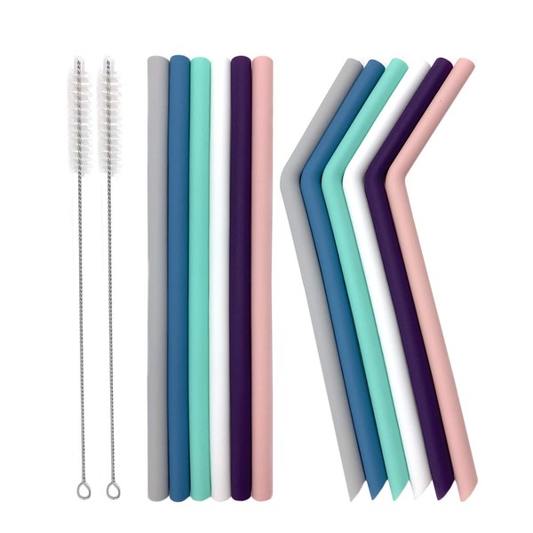 Senneny Set of 12 Silicone Drinking Straws for 30oz and 20oz - Reusable Silicone Straws BPA Free Extra Long with Cleaning Brushes- 6 Straight + 6 Bent- 6mm diameter