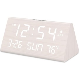 DreamSky Digital Alarm Clocks for Bedrooms - Wooden Desk Clock with Date, Day of Week, USB Port, Temperature, Dimmer for Bedside Table, Living Room, Office, Adjustable Volume, Auto DST, Wood Decor