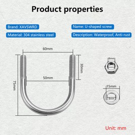 XAVSWRDE Pack of 5 U Bolts M8 Round Stainless Steel U Screws Shackle with Thread, U-Bolt U U-Bolt with 10 Washers and 10 Nuts for Diameter 50 mm Tube (Silver)