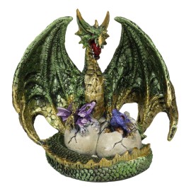 Metallic Green Gold Terra Mother Dragon Guarding 2 Wyrmlings In Eggs Figurine