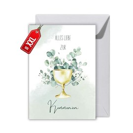 WBdesignz Communion Card "Alles Liebe zur Kommunion" with Eucalyptus-Coloured Envelope - Elegant Greeting Card with Chalice & Eucalyptus - Christian & Stylish (XXL DIN A4)