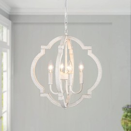 QAREHL Farmhouse Chandelier Rustic Orb Chandeliers for Dining Room White Wooden Pendant Lighting 4 Light Small French Country Hanging Light Fixtures for Kitchen Island Living Room Bedroom Entryway