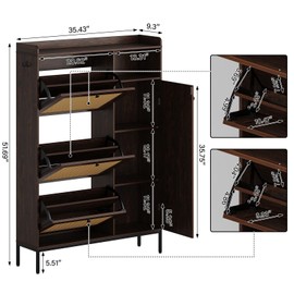 Shoe Cabinet with 3 Flip Drawers, Rattan Freestanding Organizer with Adjustable Shelves, Metal Knob, Narrow Shoe Rack Cabinet, Shoe Organizer Cabinet for Entryway, Hallway, Easy Assembly, Dark Cherry