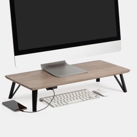 Anji Mountain Wood Monitor Stand Riser Desk Desktop Organizer Table For Home, Office Workspace, Laptop Riser, Ergonomic Design Stand for Gaming Setup , With USB Ports, Black Leg , Biscotti