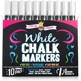CHALKY CROWN Liquid Chalk Marker Pen - White Dry Erase Marker - Chalk Markers for Chalkboard Signs, Windows, Blackboard, Glass - 6mm Reversible Tip (10 Pack)