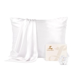LULUSILK Mulberry Silk Pillow Cases for Hair and Skin, Real Silk Pillowcase with Silk Scrunchies, Hidden Zipper, White, Standard Size, Pack of 1