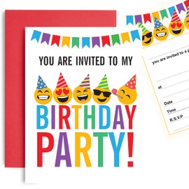 Huxters Kid's Birthday Party Invites - Children's Fun Birthday Emoji Invitations - A6 Postcard Size Ready to Write (10 Pack)