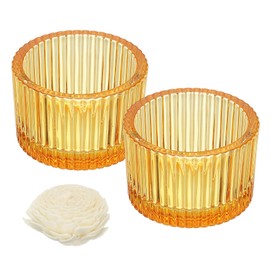 uxcell 2 Pcs Glass Tea Light Candle Holder, Round Ribbed Glass Votive Candle Holder for Table Centerpiece, Home Decor and Party Supplies(Gold)