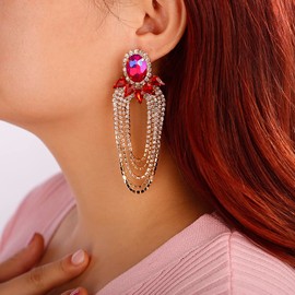 Denifery Rhinestones Long Tassel Earrings Layered Dangle Hoop Earrings Sparkling Crystal Bling Stud Earrings for Bridal Party Women and Girls (Rose Red)
