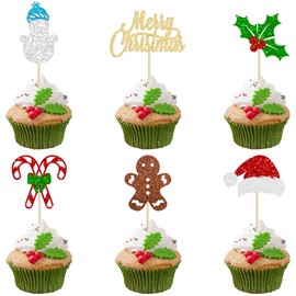 Ephlyn 24 decoraciones para cupcakes de Feliz Navidad purpurina Papá Noel pan de jengibre sombrero de Papá Noel decoración para tartas para decoración de feliz Navidad