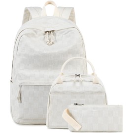 LEDAOU kids backpack for Girls Boys, Backpacks with Lunch Box, Bookbag Set Primary School Daypack Elementary for Age 8-12 (Beige checkered)