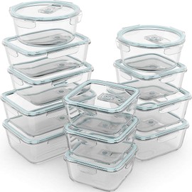 Razab 24 Pc Airtight Glass Food Storage Containers - Glass Meal Prep Containers - Freezer to Oven Safe - Steam Release Valve BPA Free - Airtight Bento Boxes - Leak Proof (12 lids & 12 Containers)
