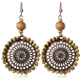 Handmade Lightweight Vintage Bohemian Bronze Round Circle Flower Hoop Dangle Drop Earrings With Nature Wooden Beaded for Women Statement Geometry (Style-1)