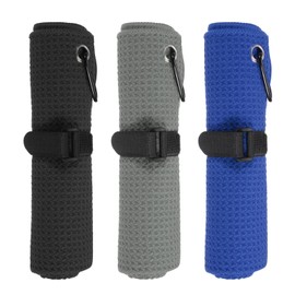 PATIKIL 16"x16" Microfiber Golf Towel, 3 Pack Tri-Fold Golf Towels Waffle Pattern Towels Absorption with D Clip, Hook and Loop Fastener, Black/Gray/Blue