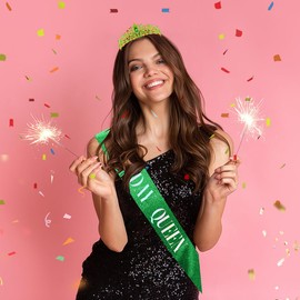 Women's Green Birthday Queen Sash, Headband, Tiara, and Decorations