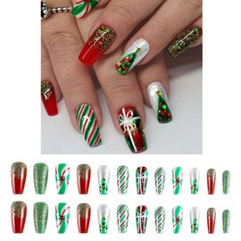 Valicaer Christmas False Nails,24Pcs Xmas Press on Nails Square Full Cover Fake Nails Acrylic French Tip Red Fake Nails with Glue Glossy Xmas Stick on Nails Retro Fingernail for Women Girls Nails Art