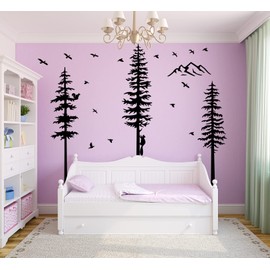 Large Pine Tree Wall Decals Peel and Stick Forest Tree Woodland Nursery Decor squirrel Birds Animal Wall Decals Mountain woodland tree wall decal for Kids Room Bedroom Playroom Decoration (Black)