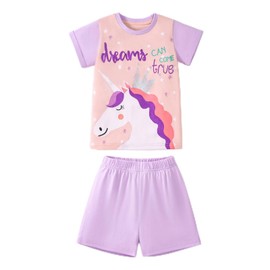 HILEELANG Little Girl Summer Short Outfits Sets Cotton Casual Purple Unicorn Top Tees Shorts Playwear Clothing Sets Size 7