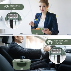 Vabaso Electric Lunch Box for Adults, 80W Heated Lunch Box Portable Food Warmer Lunch Box for Work/Men/Car/Truck with 1.5L 304 Stainless Steel Container Fork & Spoon, 110V/12V/24V