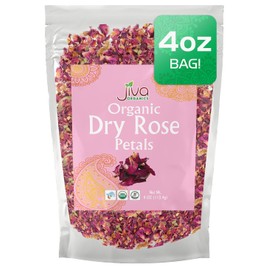 Jiva Organics Dried Red Rose Petals 4 Oz Bag - Non-GMO, USDA Organic, Food Grade, Edible Flowers - Use in Tea, Baking, Making Rose Water, Crafting, Wedding Confetti