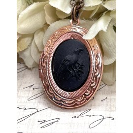 Fancy Fox Boutique Rose Gold Brass Raven Black Crow Locket Necklace Pendant Gothic Wedding bird new