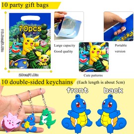 Party Bag Children's Birthday Set, 10 Cartoon Keyrings + 50 Anime Stickers + 10 Gift Bags, Party Gift Packs with Multiple Elements Toy for Children's Birthday 5-12 Years (A)