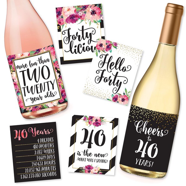 6 40th Birthday Wine Bottle Labels or Stickers Present, 1981 Bday Milestone Gifts For Her Women, Cheers to 40 Years, Funny Fortylicious Pink Black Gold Party Decorations For Friend, Wife, Girl, Mom